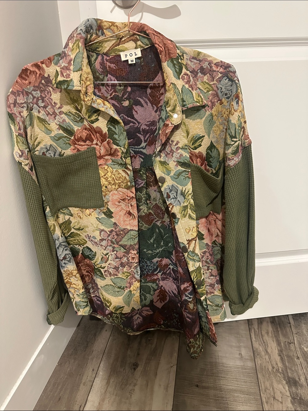 POL Olive & Multi Floral Patchwork Button-Down Shirt